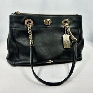 COACH Turnlock Edie Carryall Satchel Bag Black Leather Gold Hardware